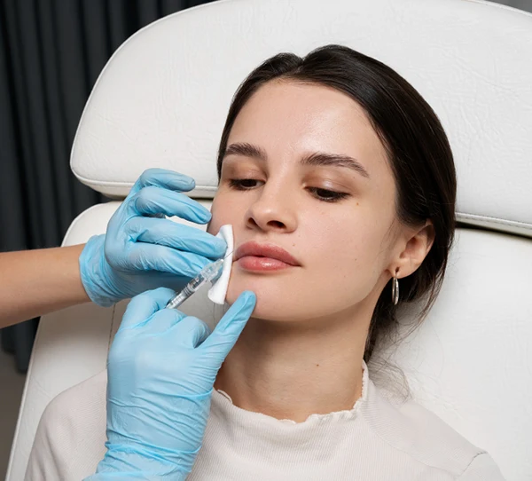 Médico con guantes aplicando tratamiento de aumento de labios de forma segura y controlada.