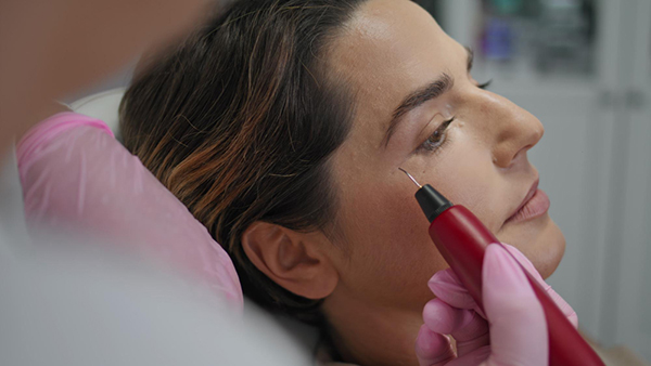Médico evaluando el tabique nasal de una paciente durante una valoración estética.