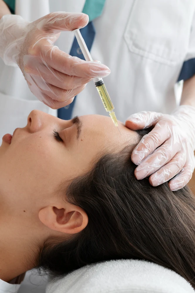 Médico examinando el interior de la nariz de una paciente con un espéculo nasal durante una valoración clínica.