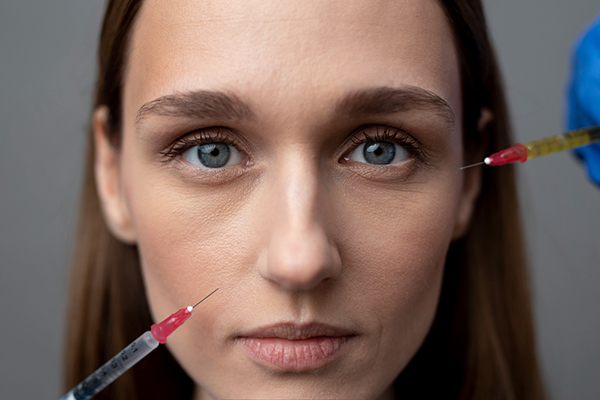 Médico evaluando el tabique nasal de una paciente durante una valoración estética.