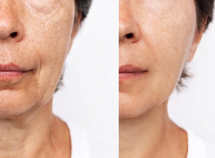 Antes y después de endoláser facial en mujer, con mejora visible en la firmeza del medio rostro.