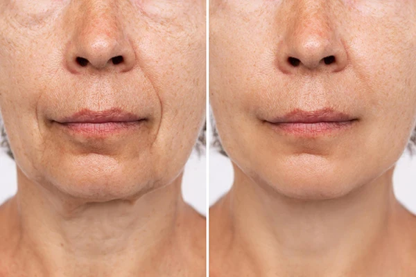 Antes y después de endolifting facial en tercio inferior y cuello, comparativa de perfil