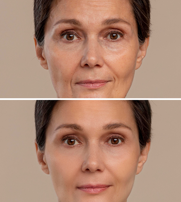 Antes y después de endolifting facial en mujer de pelo corto, comparativa del rostro