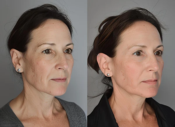 Antes y después de endolifting facial en mujer morena, comparativa del rostro