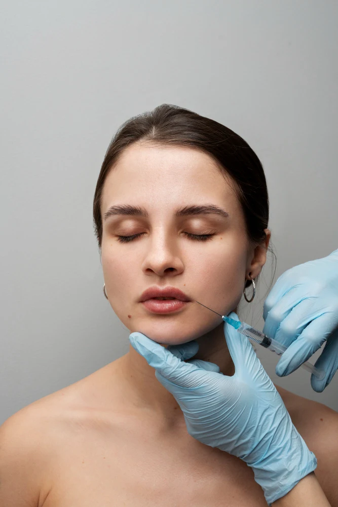 Inyección de ácido hialurónico en labios de mujer morena, con manos enguantadas del médico en primer plano.
