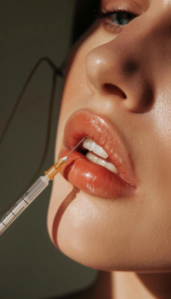 Aplicación de ácido hialurónico en labios en primer plano, con inyección realizada por personal médico.<br />
